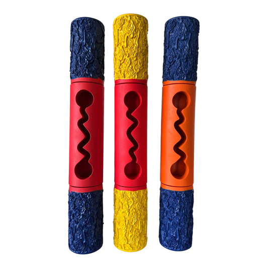 Three flare shaped dog toys in red/blue, red/yellow and orange/blue