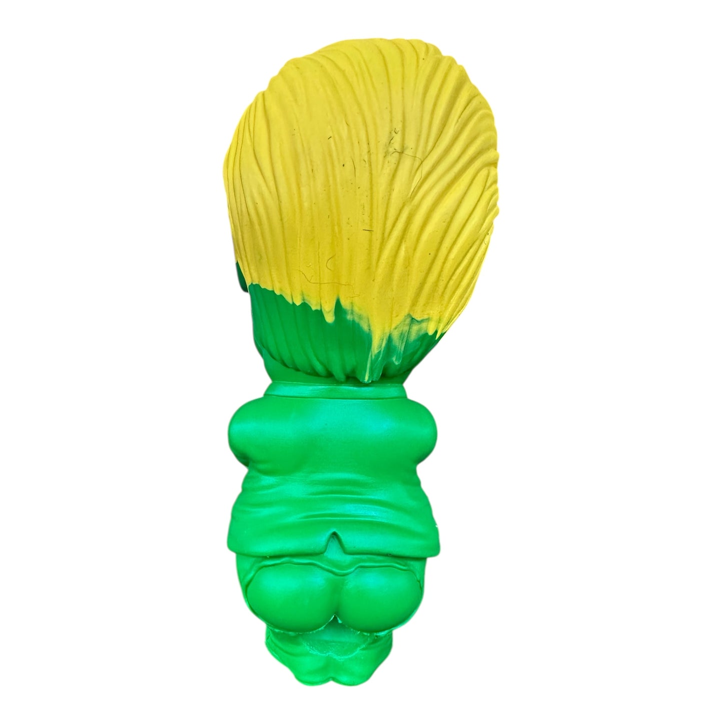 Back view of yellow and green coloured rubber dog toy.