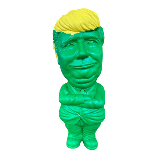 Green and gold chewable dog toy in the shape of US President Donald Trump.