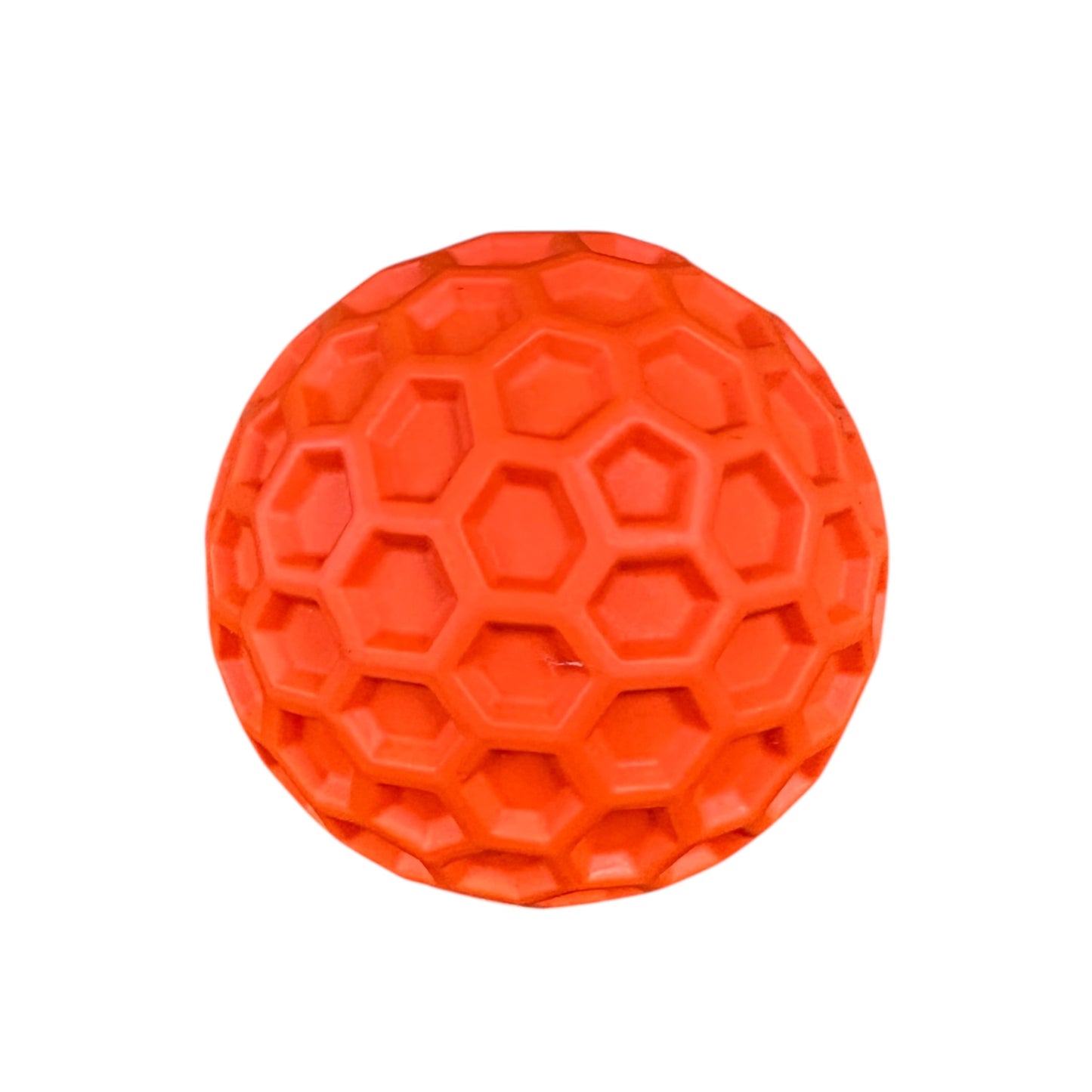 Orange rubber ball with hexagonal texture.