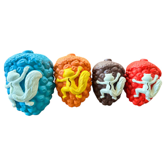tough squirrel and acorn toys made from natural rubber for dogs of any size and strength