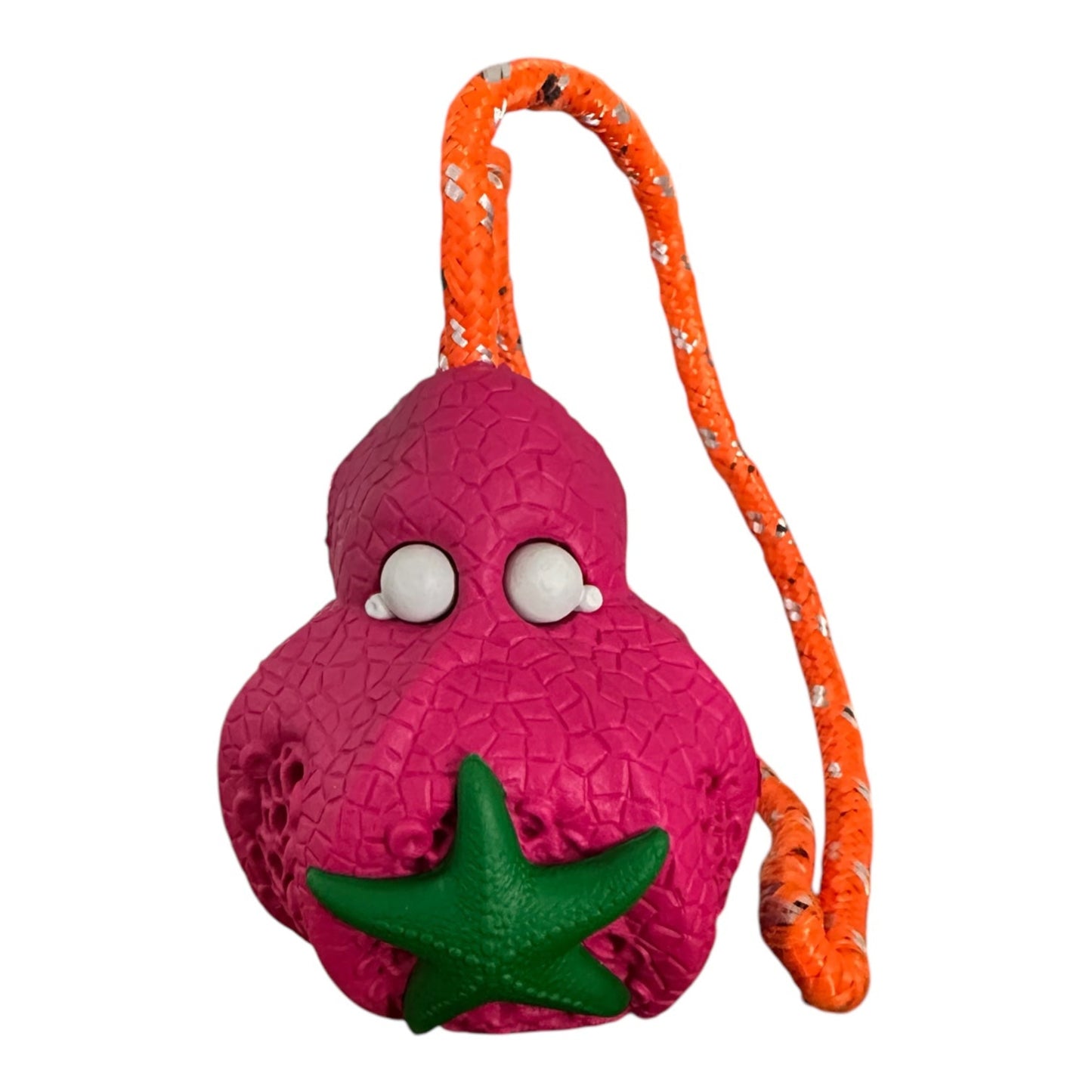 Small rubber pink and green octopus dog toy.