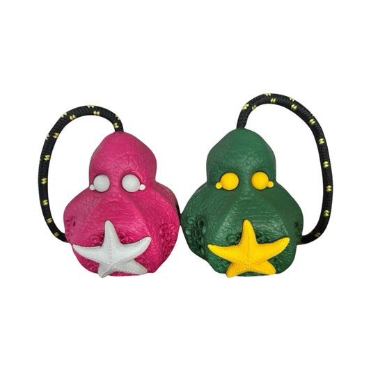 natural rubber octopus and starfish with a cord that is good for playing tug with dogs and puppies