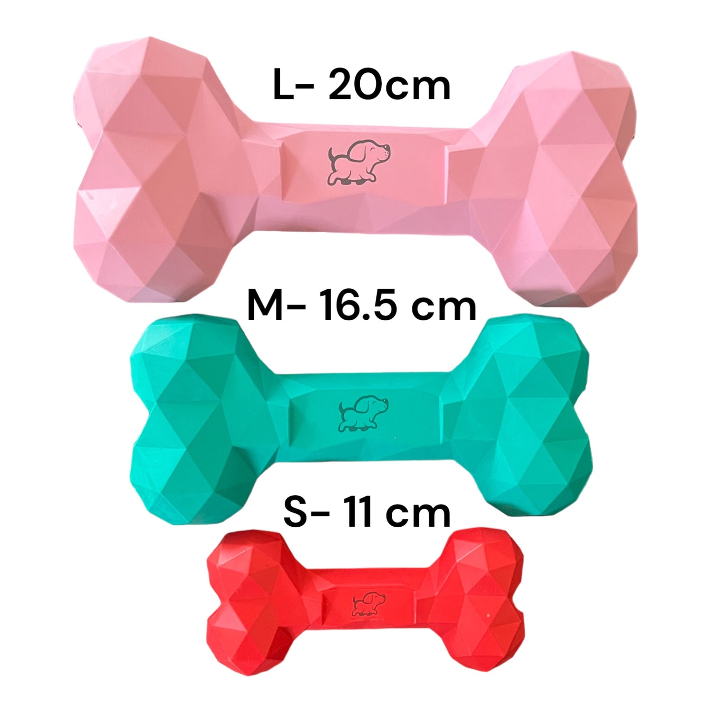 Size guide for rubber Bone dog toys showing small, medium and large sized bones.