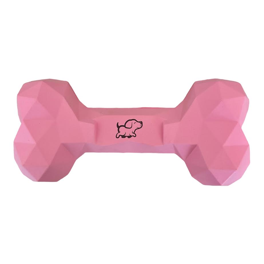 Pink toy bone with a black dog printed on it.