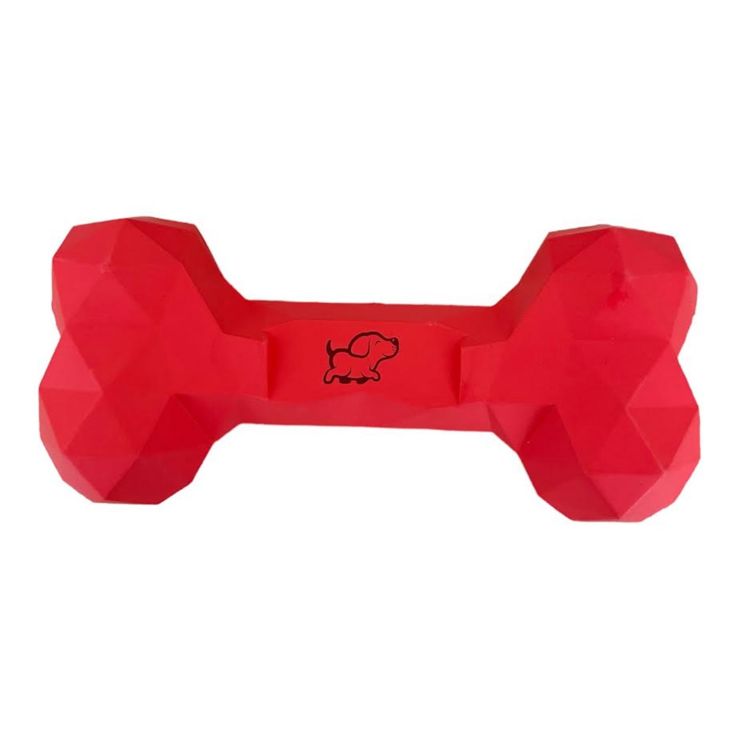 Rubber bone chew toy in red with a picture of a dog printed on it.