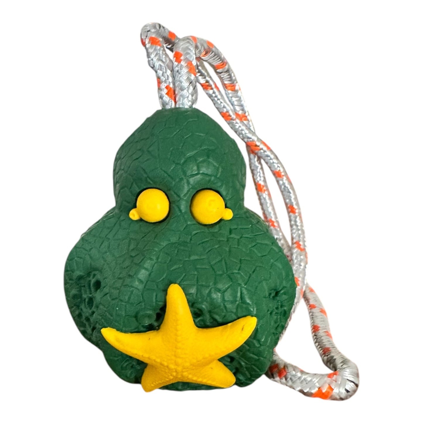 Small green and yellow rubber octopus dog toy with rope for pulling.