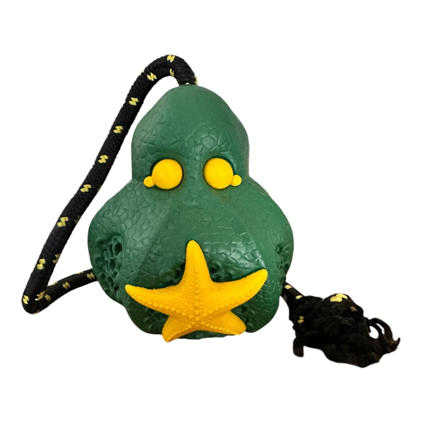 Large green rubber octopus dog toy with rope.
