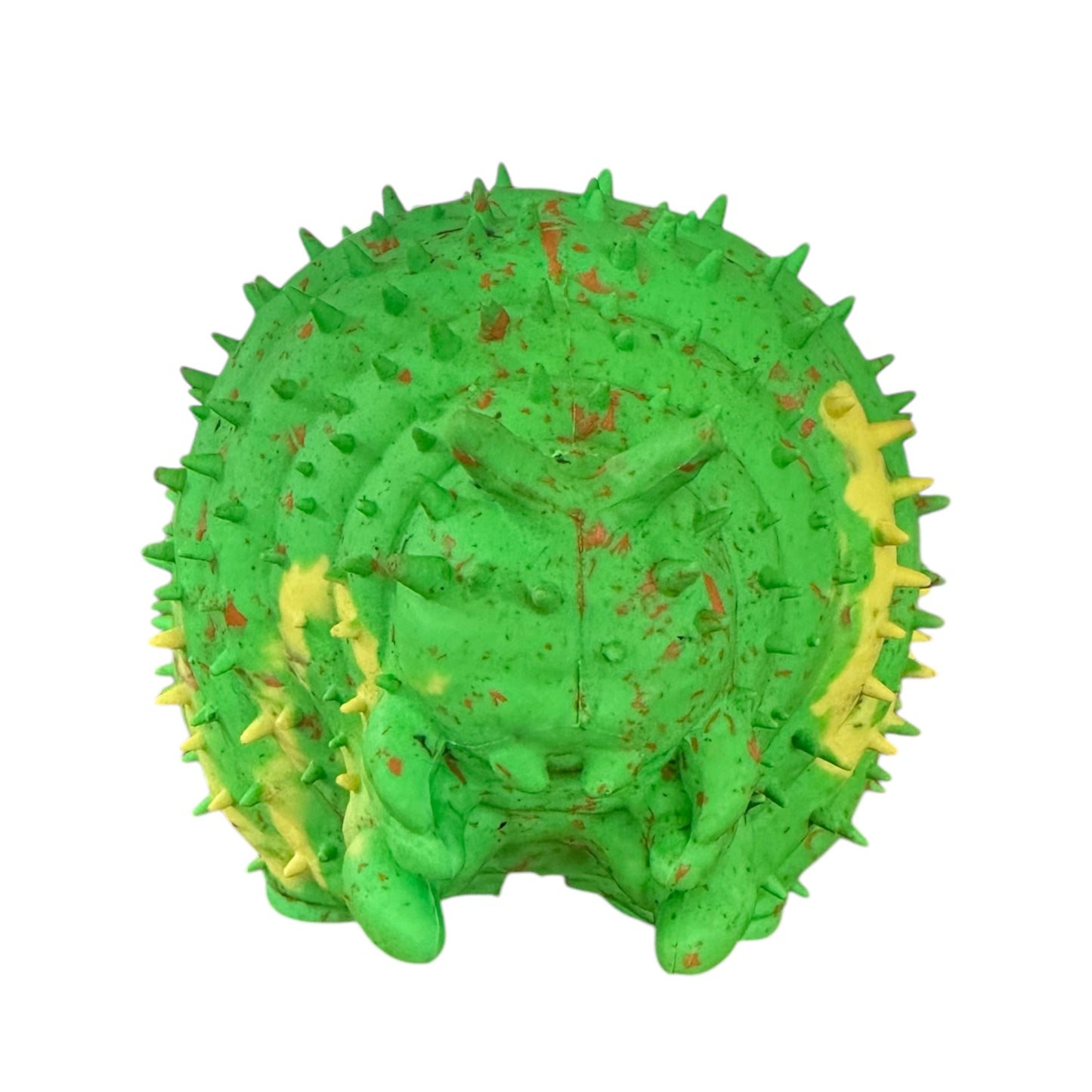 Upcycled green rubber caterpillar dog toy.