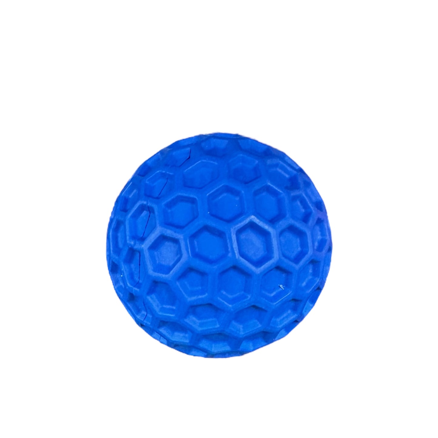 Blue rubber dog ball with hexagonal texturing on the outside.