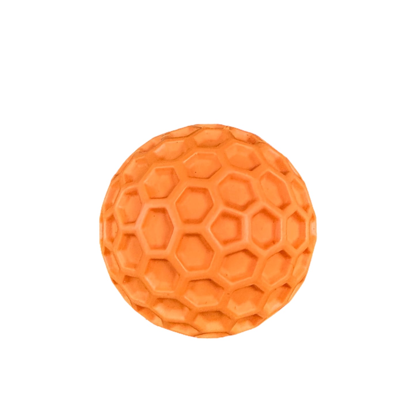 Orange rubber ball with hexagonal texture.