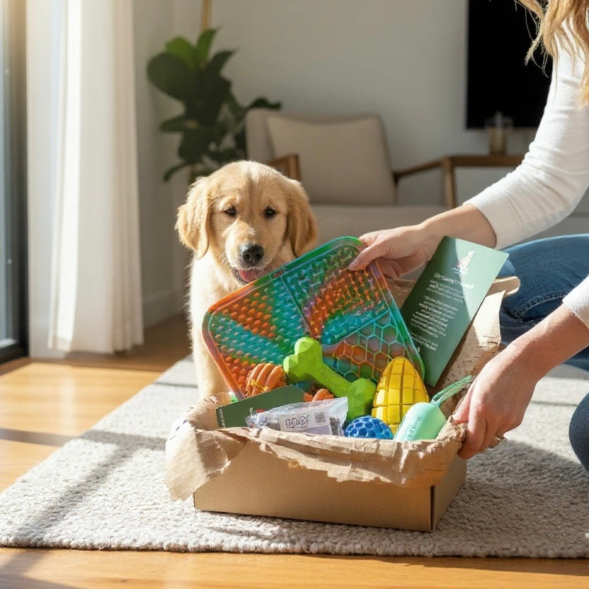 Dog with a box of pet toys in a living room