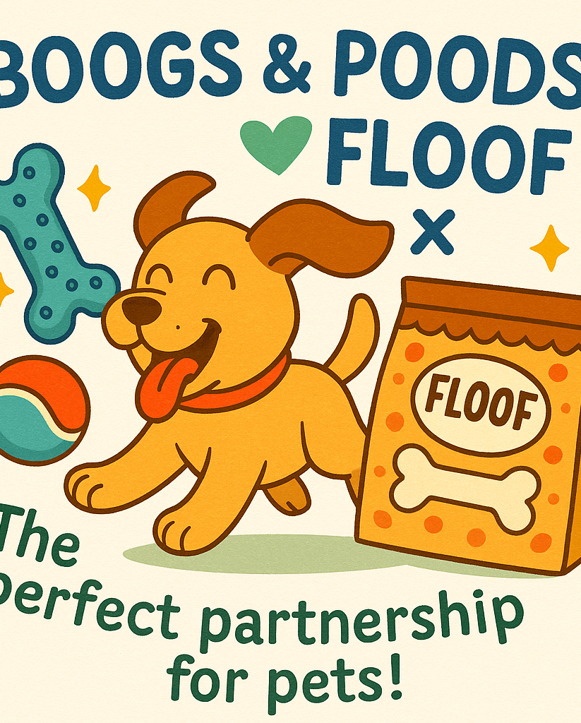Cartoon dog with pet toys and a bag labeled 'FLOOF' on a beige background.