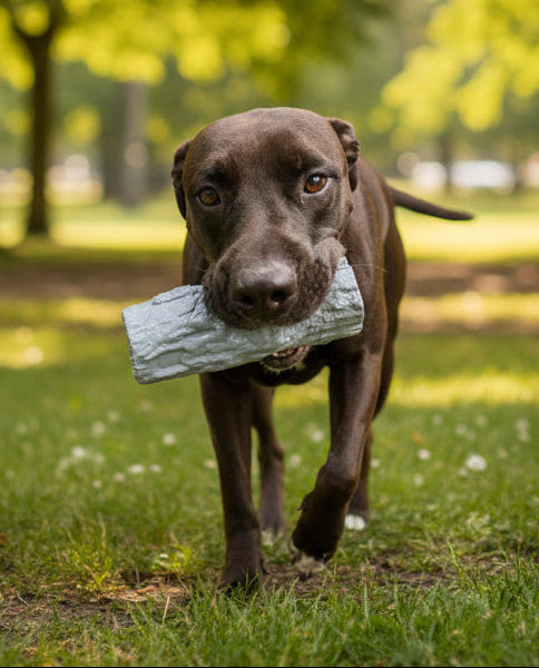 Dog holding a chew toy in its mouth outdoors