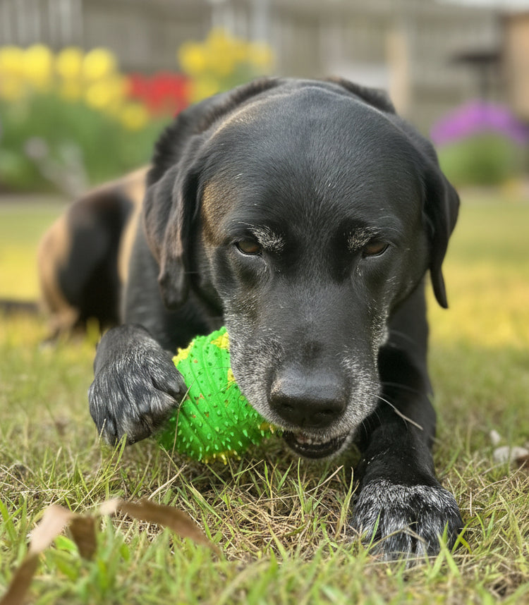 Dog laying on grass enjoying tough toy