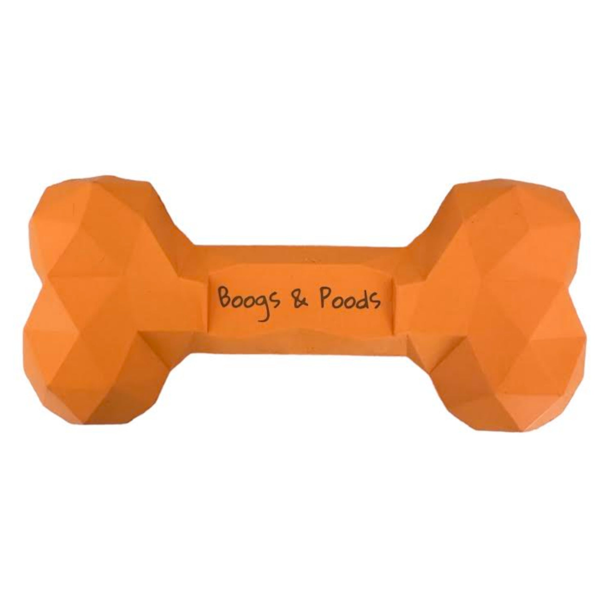 Orange rubber bone dog toy with Boogs & Poods printed on it. 