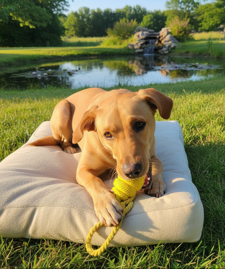 Dog playing with a yellow toy while laying on a dog bed by a pond.