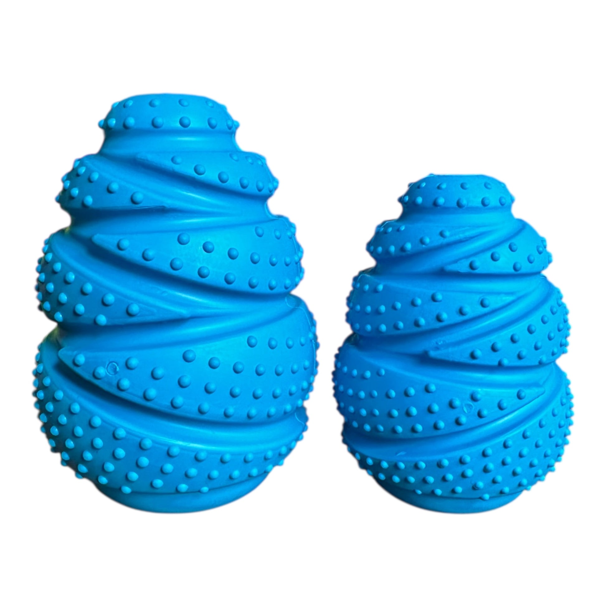 Two blue textured dog toys on a white background