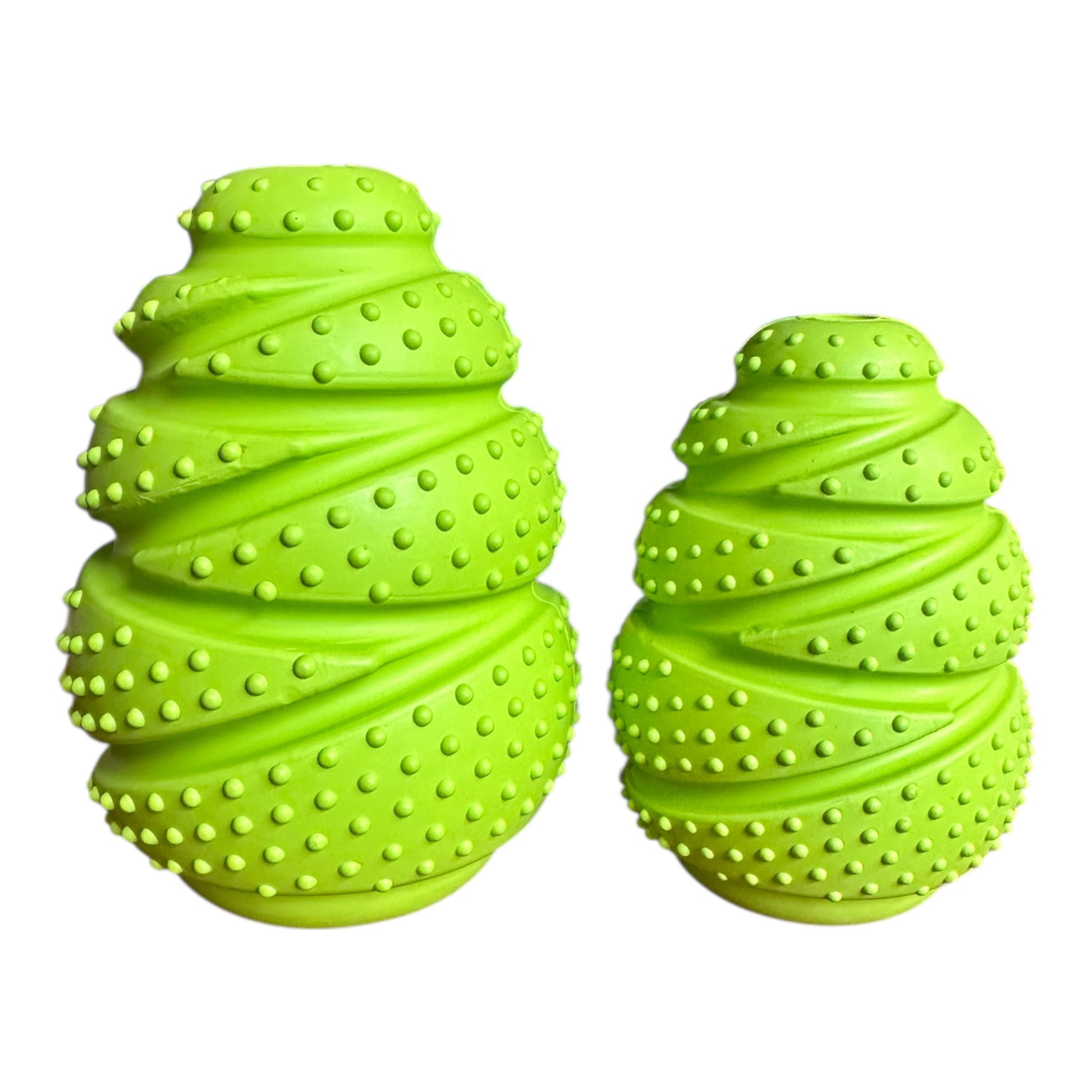 Two green textured dog toys on a white background
