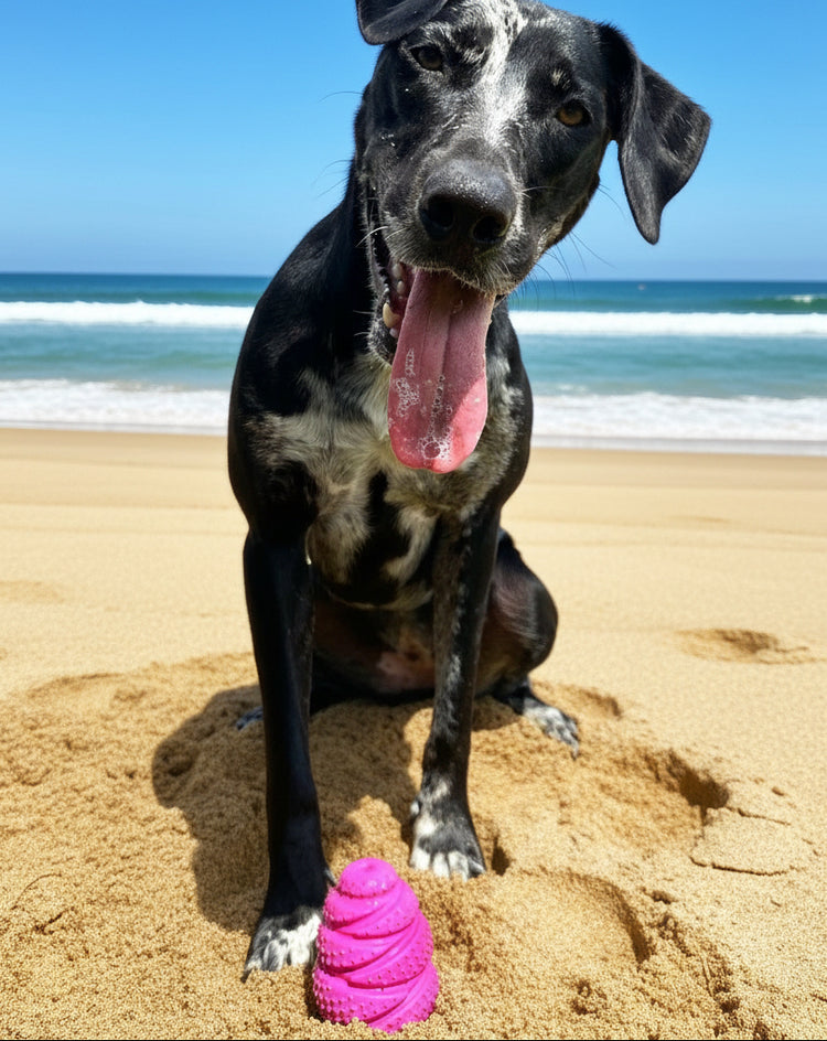 Dog with a pink toy on grass in front of a house