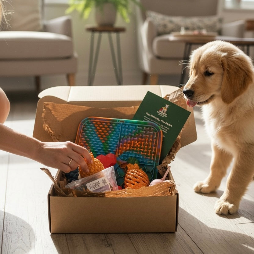 Puppy interacting with a box of pet toys and treats in a home setting