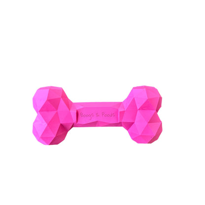 Hot pink rubber bone with Boogs & Poods printed on it.
