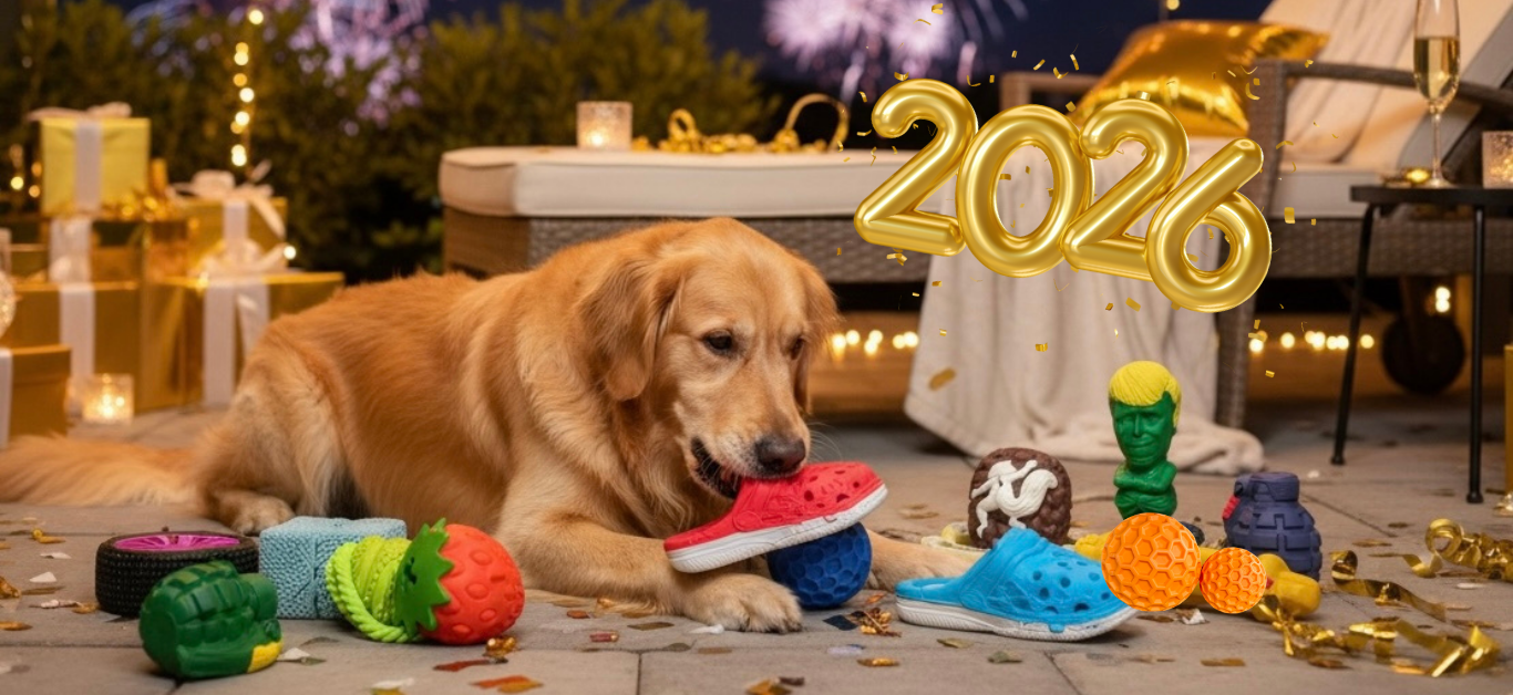 Dog playing with toys on a table outdoors with fireworks in the background, featuring '2026' decorations.