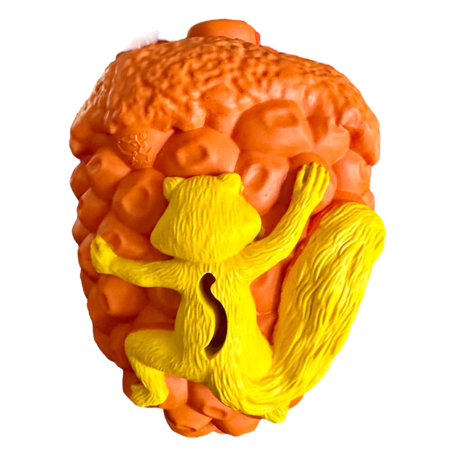 tough dog toy made from natural rubber in orange with a yellow squirrel that is suitable for strong chewers