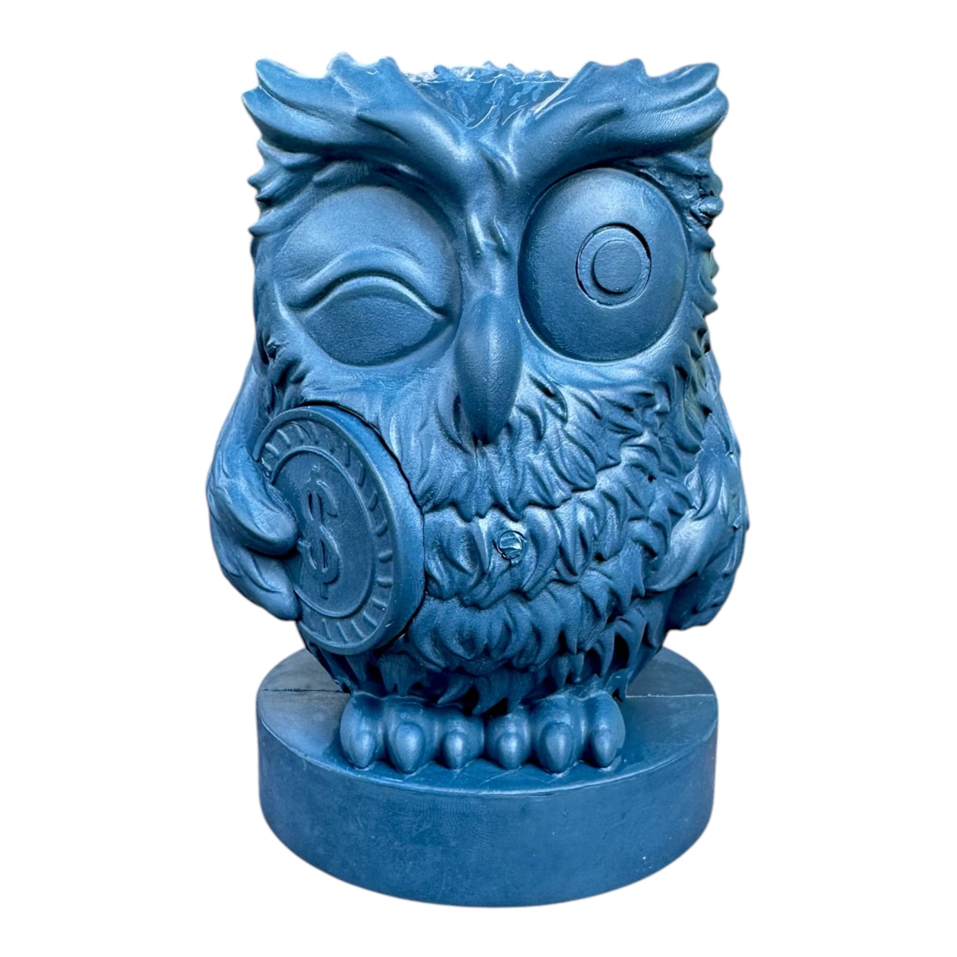 Blue recycled rubber owl shaped  chew toy.