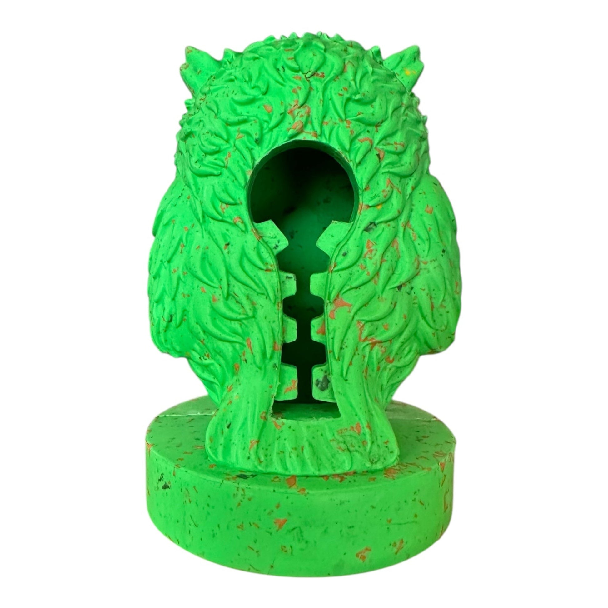 Back of a green wise owl dog toy made from recycled natural rubber, showing the treat holder.