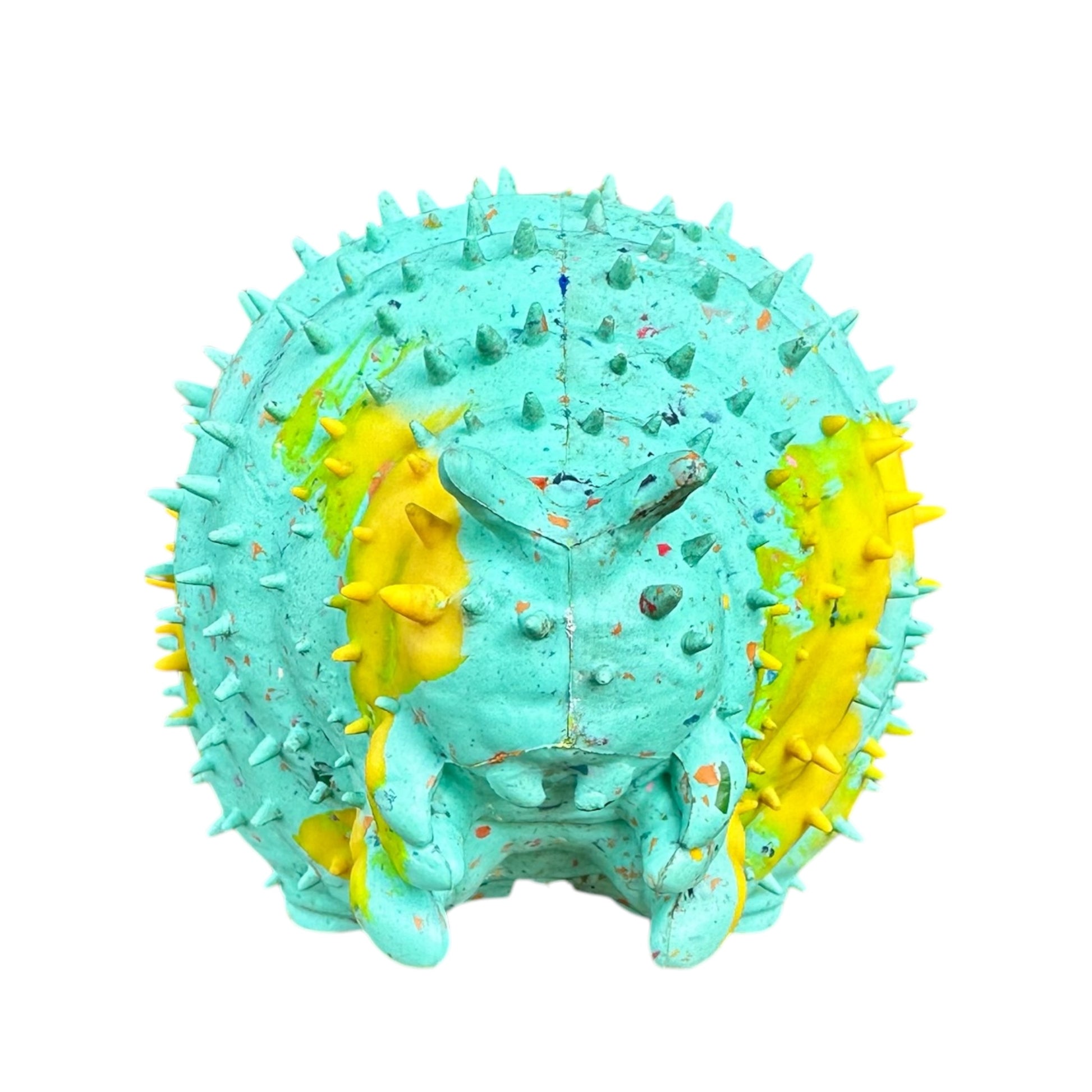 Bright blue and yellow caterpillar dog toy that is made from recycled rubber.