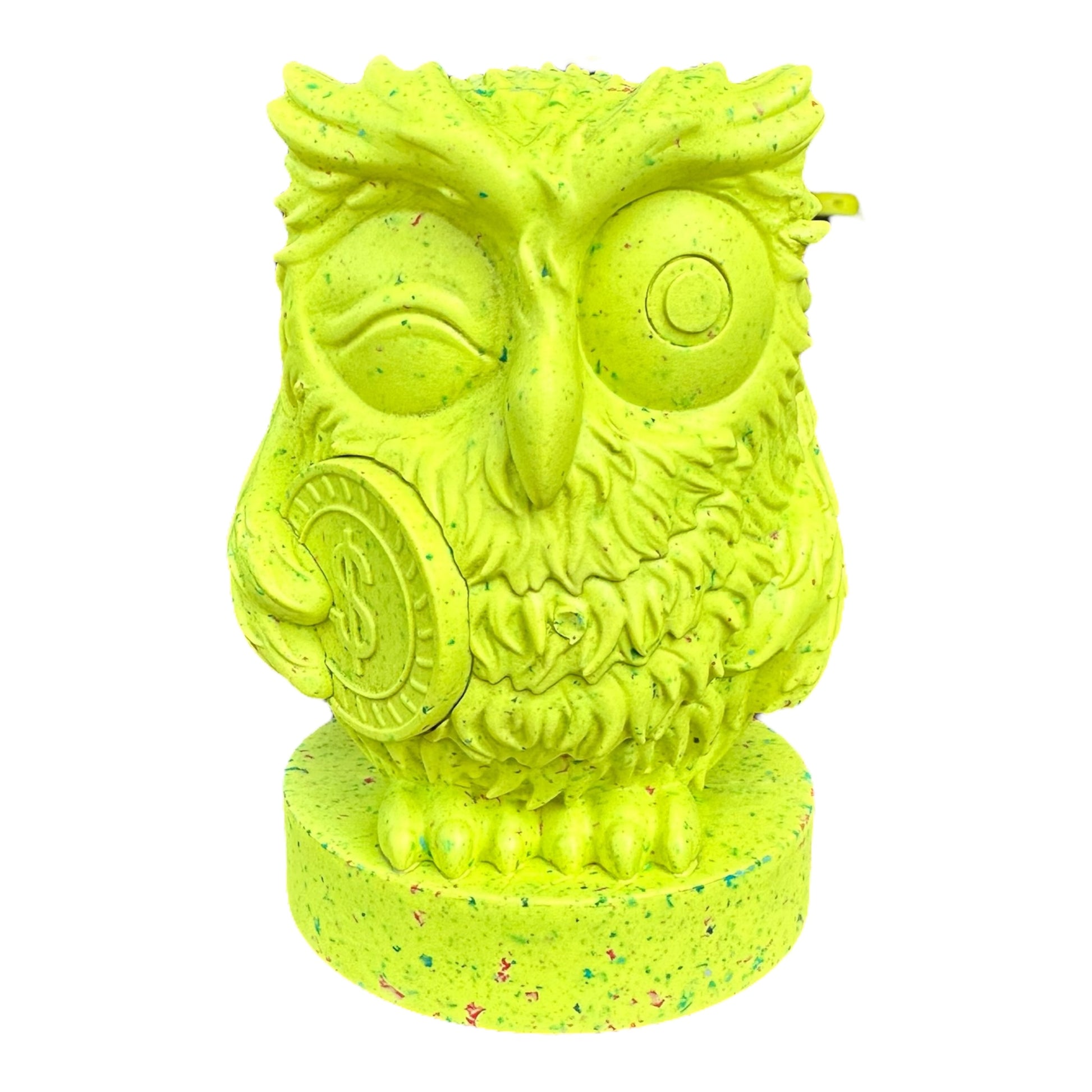 Recycled rubber wise owl dog toy in yellow.
