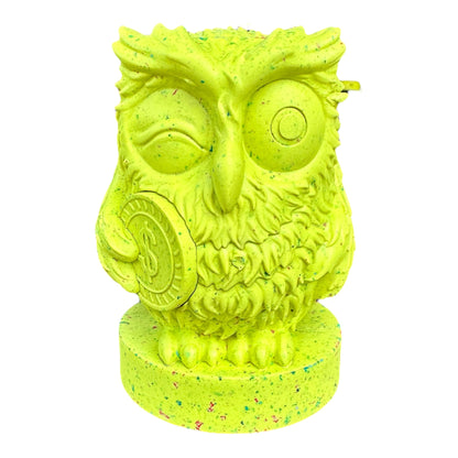 Recycled rubber wise owl dog toy in yellow.