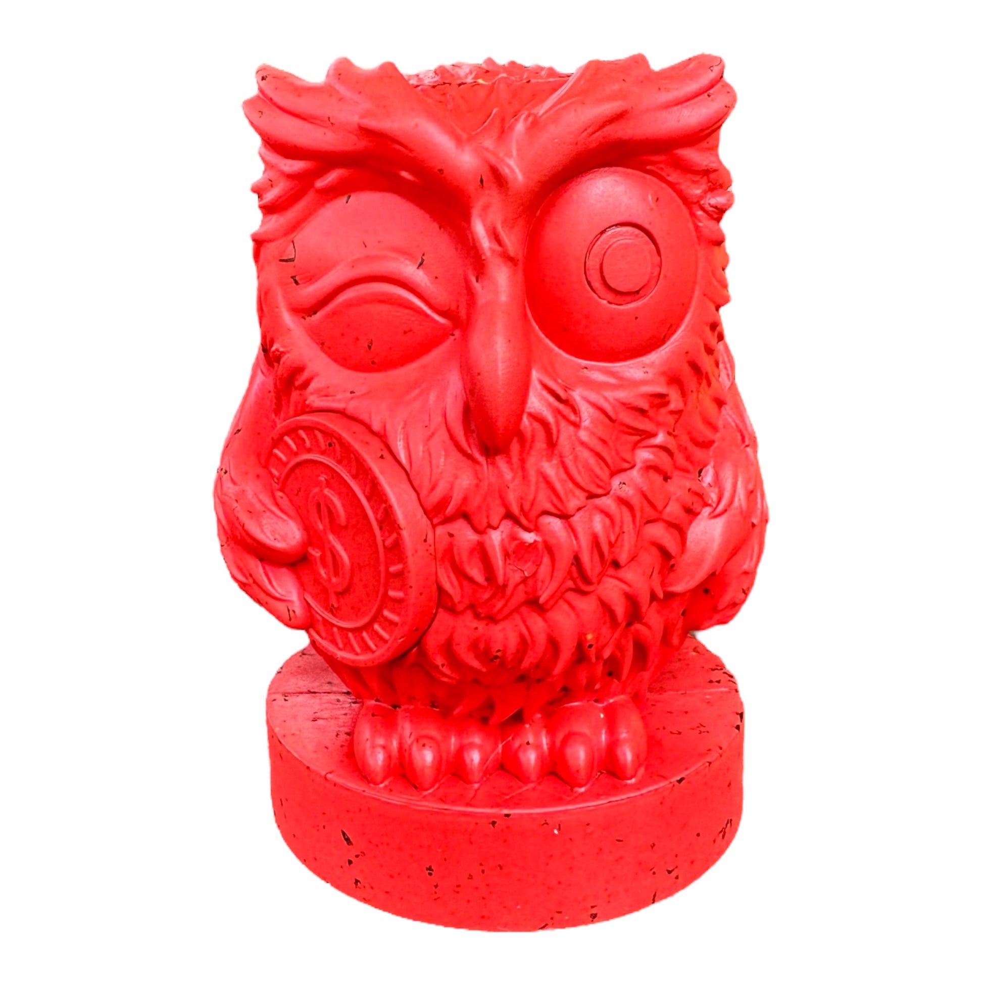 Red recycled rubber owl dog chew toy.