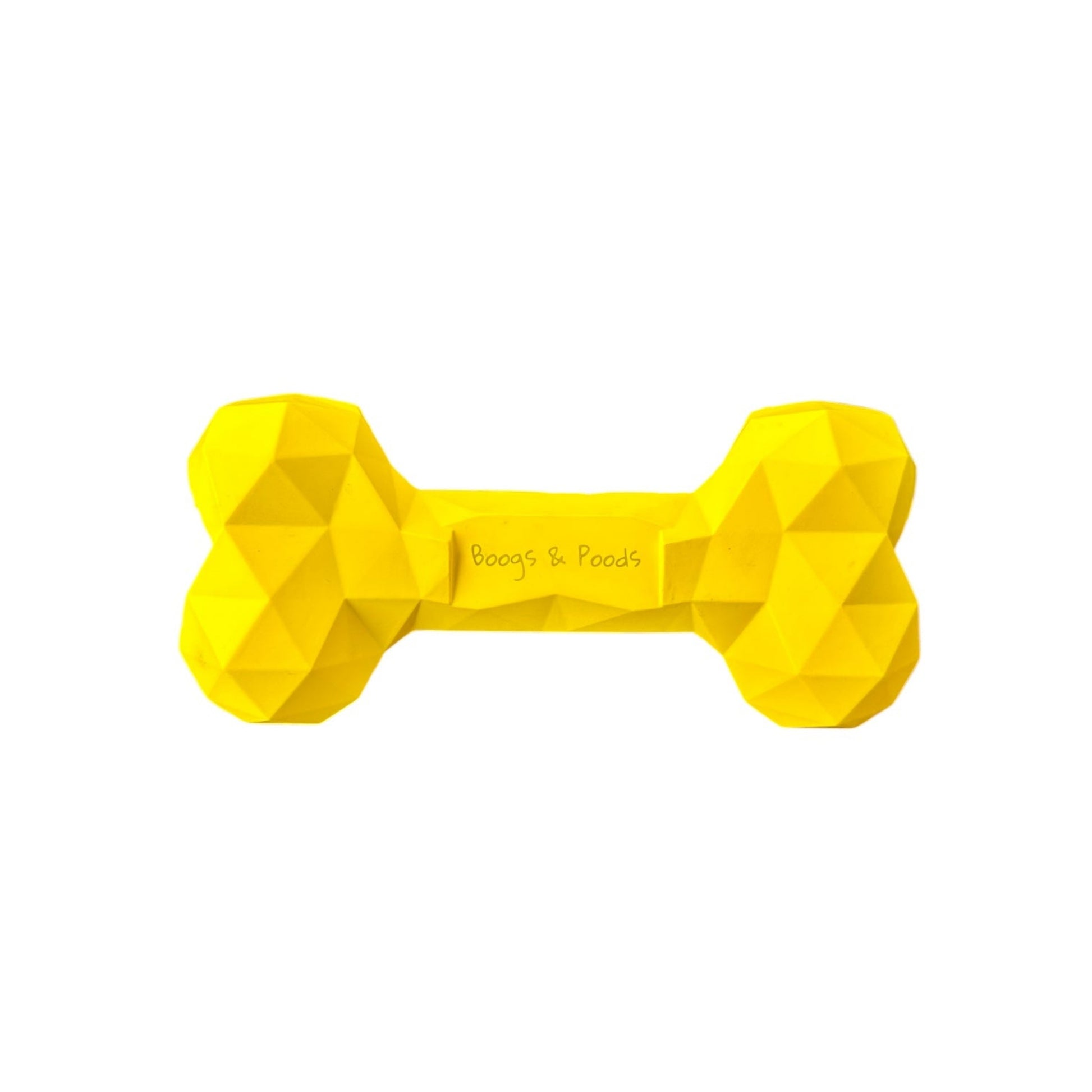 Yellow rubber dog bone with Boogs & Poods printed on it. 