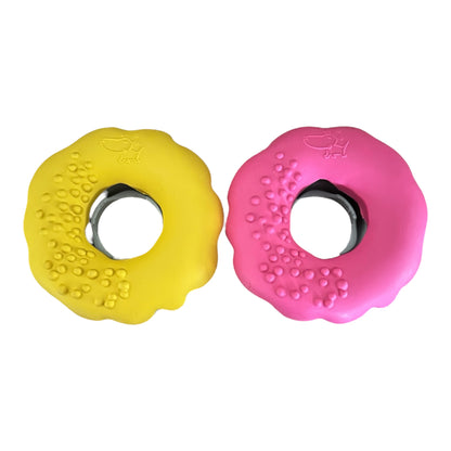 Rubber dounut dog toys that are suitable for dogs of all sizes who are tough chewers.
