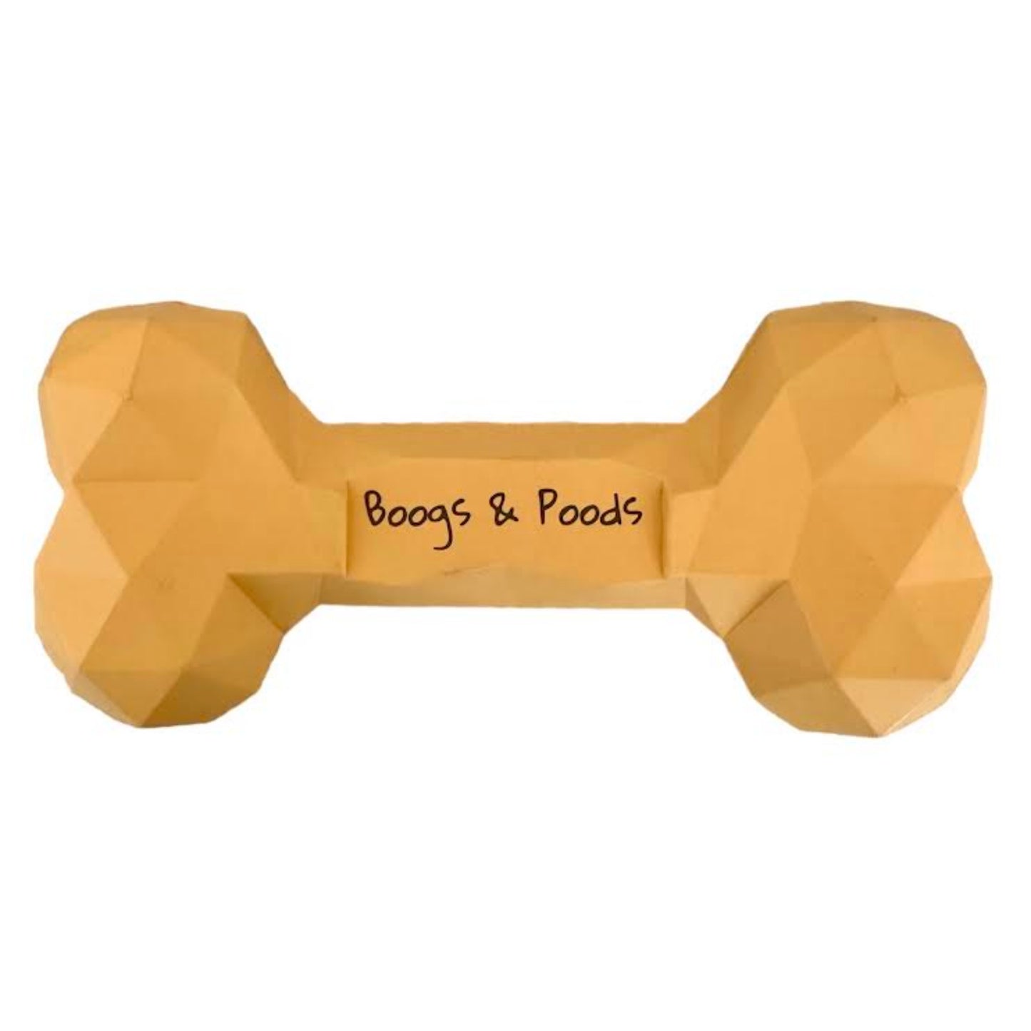 Yellow rubber dog bone with Boogs & Poods printed on it.