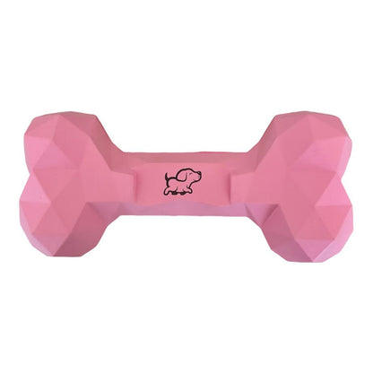 Pink toy bone with a black dog printed on it. 