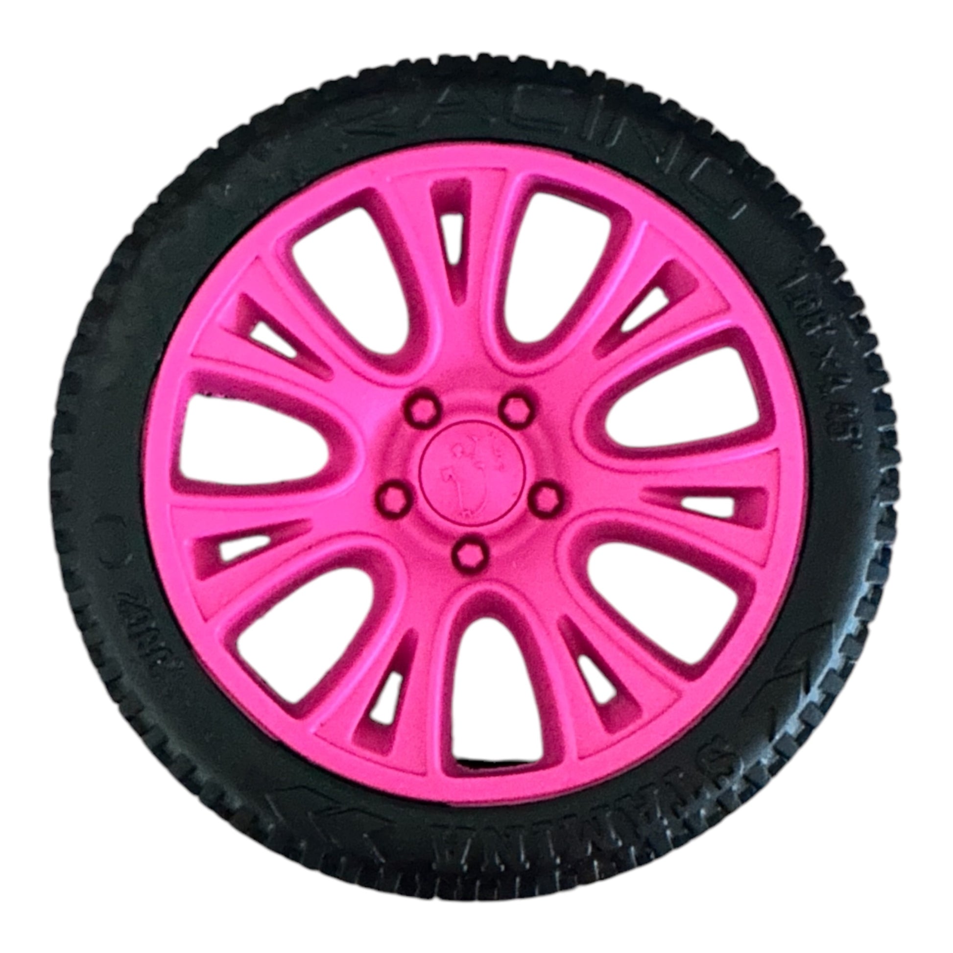 Sturdy dog toy made out of natural rubber that looks like a wheel with a black tyre and pink rim.